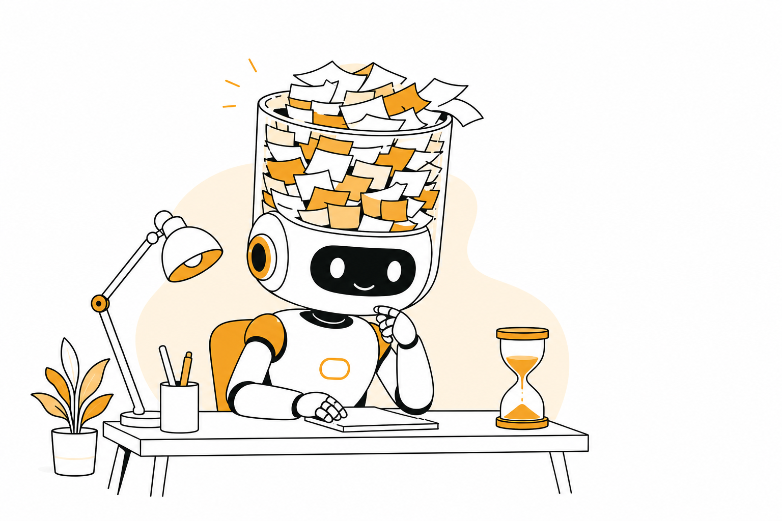 一个友善的 AI 机器人头部是透明容器,里面装着满满的 token 纸条