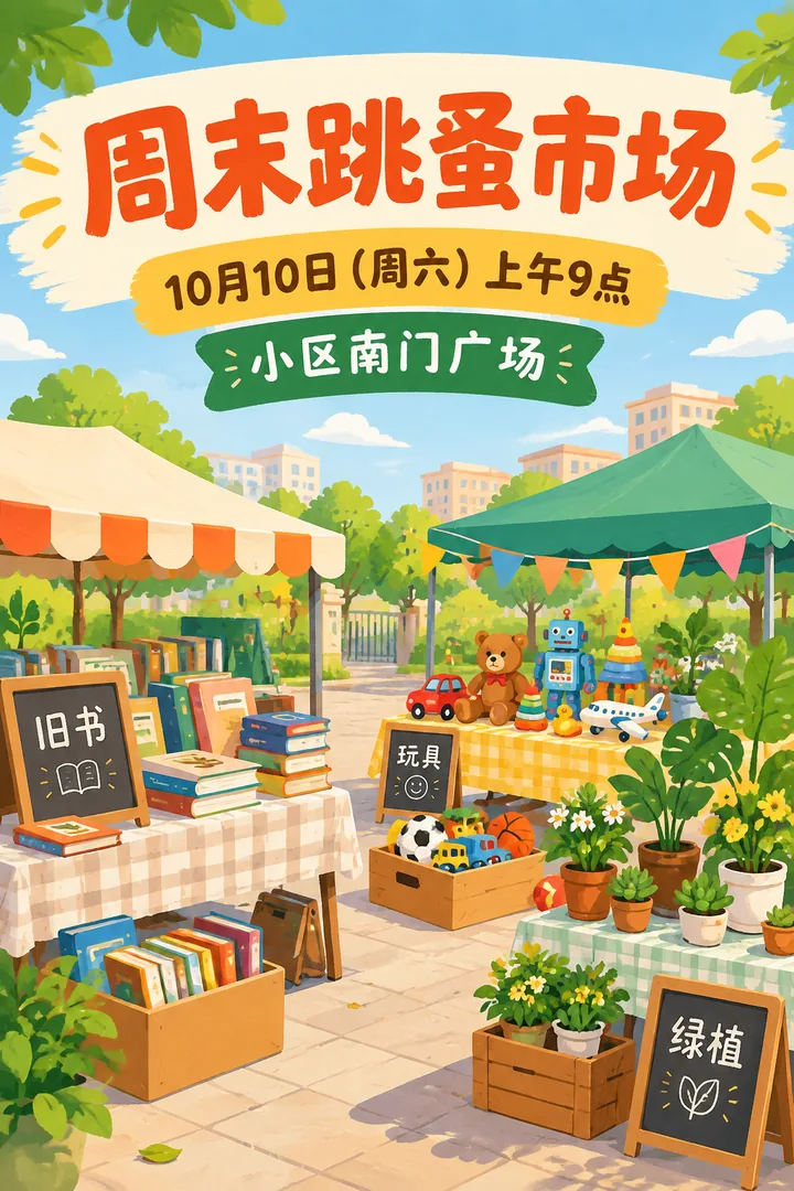 AI 画的竖版海报:顶部大字「周末跳蚤市场」,下面两行写着日期和地点,画面里是摆着旧书、玩具和绿植的小摊,三块小黑板上分别写着「旧书」「玩具」「绿植」,远处大门旁有一个很小的人影