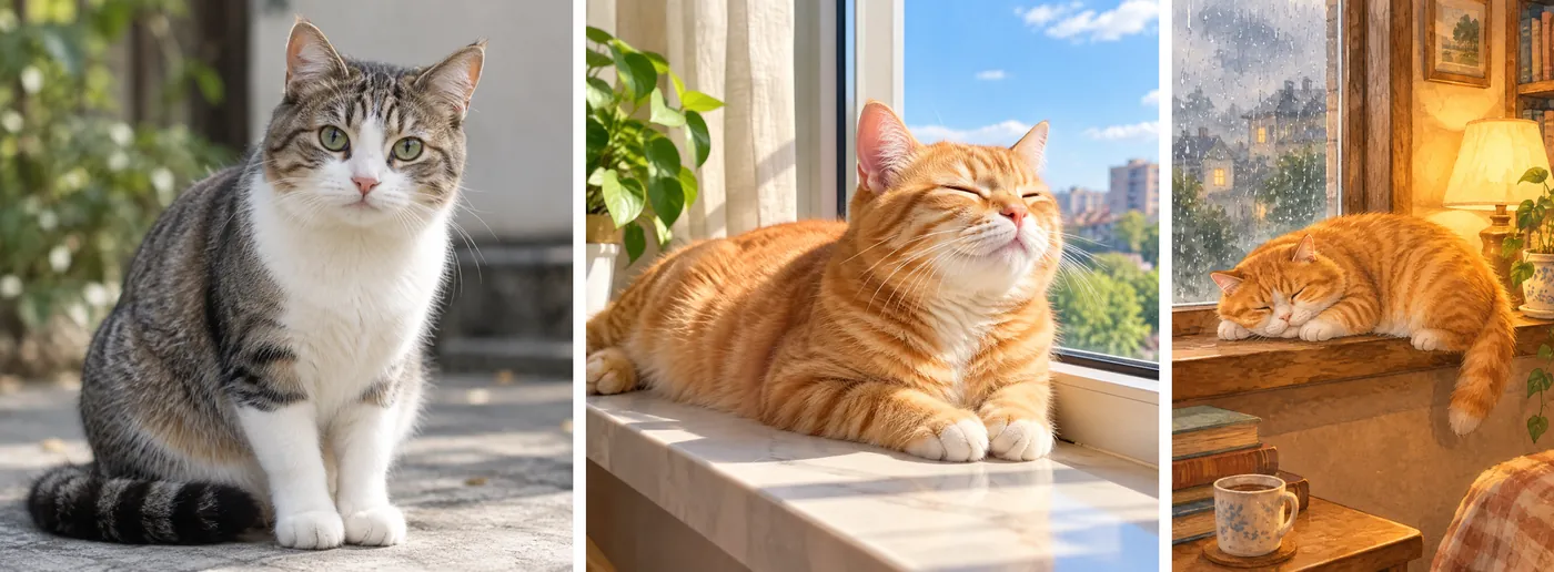 三张 AI 画的猫并排:左边是一只坐在户外的花猫照片,中间是一只趴在阳光窗台上的橘猫照片,右边是一幅水彩画,胖橘猫在下雨天的窗台上打盹,旁边亮着台灯