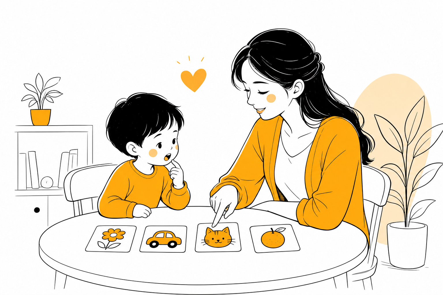 妈妈在桌前耐心纠正孩子说话