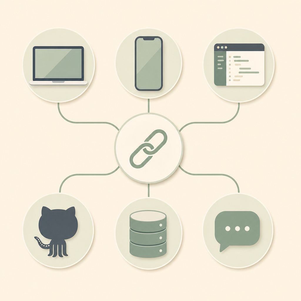网络图(笔记本/手机/IDE) + 下方三个服务图标(GitHub/数据库/聊天气泡),通过中心 hub 互连