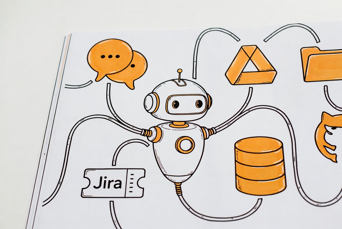 Claude 在中间,周围用线条连到 Slack / Drive / GitHub / 数据库 / Jira 等多个外部服务图标