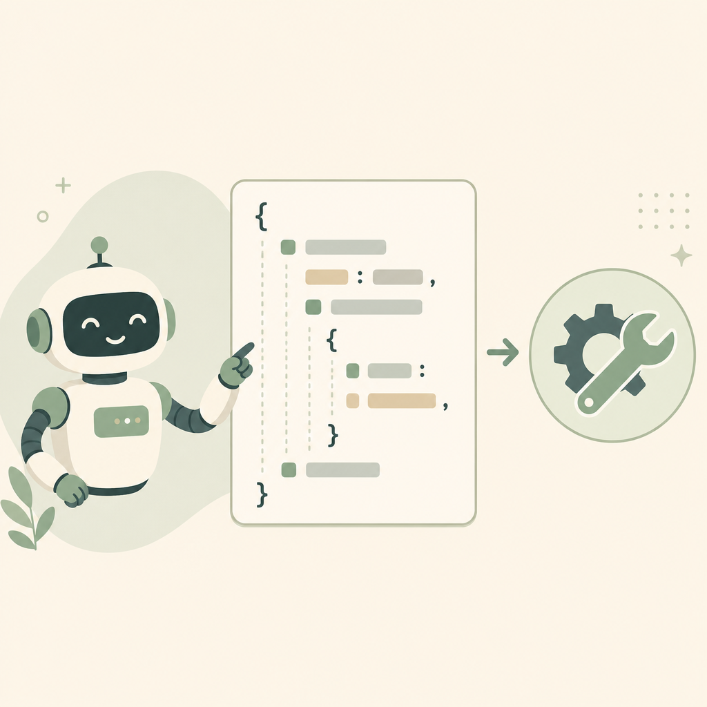 机器人发出 JSON 函数调用,流向外部工具图标