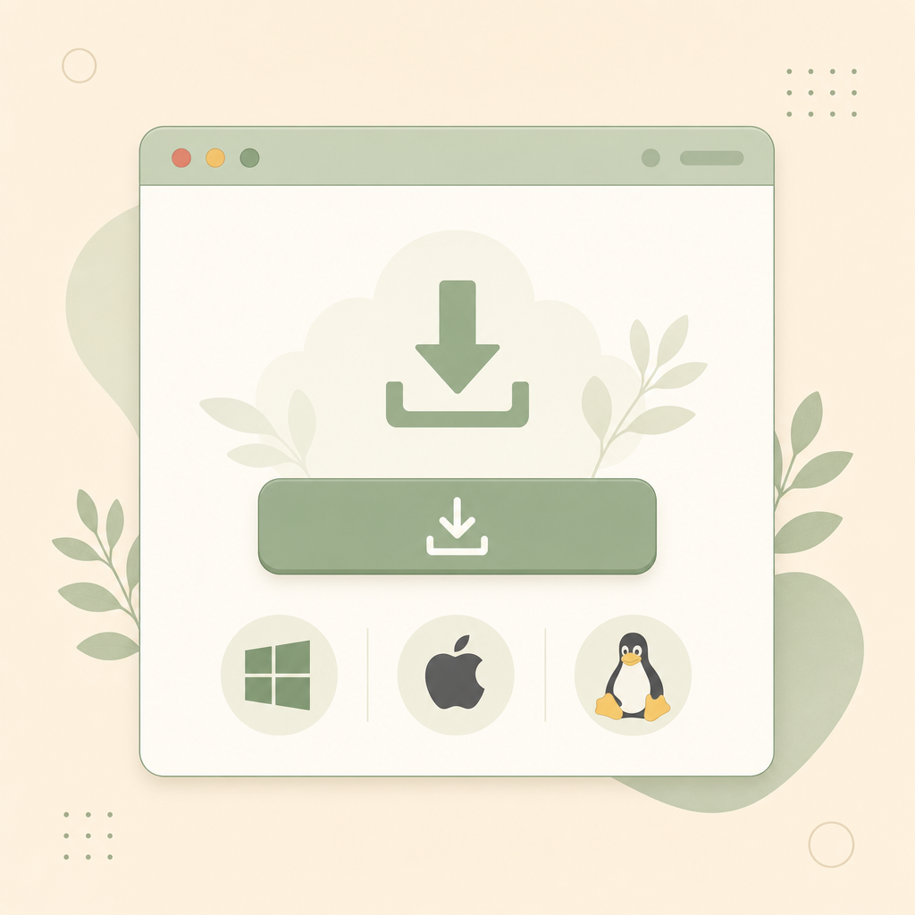 一个浏览器窗口居中显示下载页,下面排着 Windows / Apple / Linux 三个系统图标,正中是大下载按钮