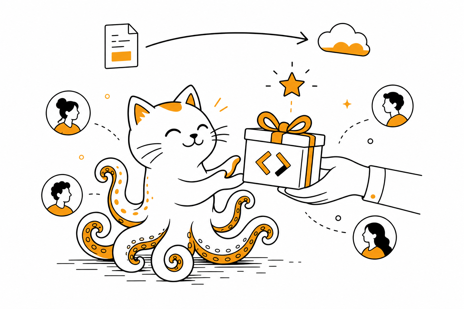 一个 GitHub-octocat 收到礼物,小社区围在旁边